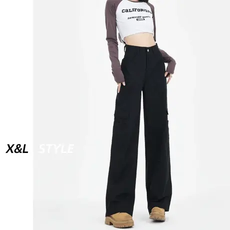 美式阔腿工装裤女秋装2023新款宽松直筒高腰百搭黑色休闲牛仔裤子图片