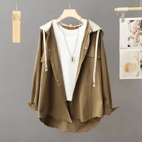 春秋季休闲连帽风衣外套女宽松大码中长款2023年新款韩版上衣帽衫图片