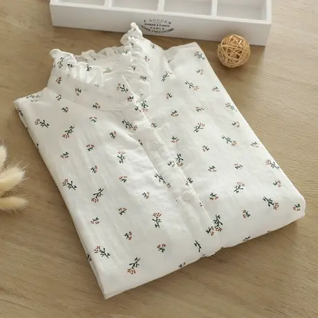 日系木耳边立领双层棉纱长袖衬衫女春秋宽松减龄文艺碎花打底上衣图片