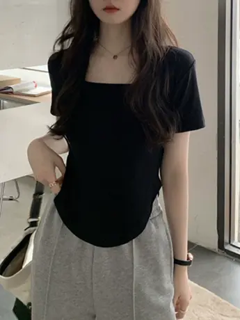 2023新款夏季U领短袖t恤女修身设计感小众纯欲短款辣妹上衣ins潮图片