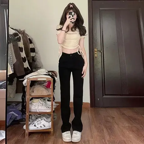 黑色直筒微喇牛仔裤女2023夏季薄款美式复古高腰显瘦垂感阔腿裤子图片