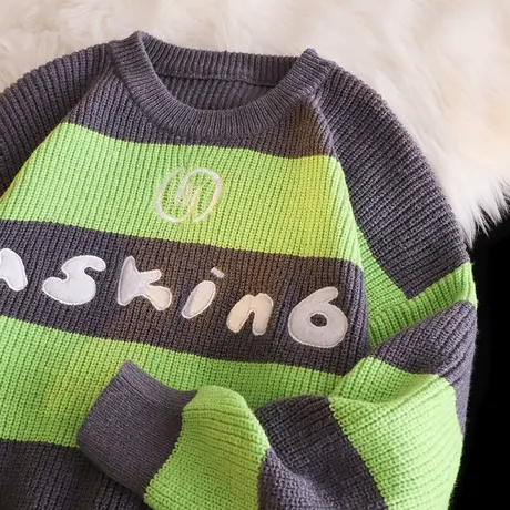 设计感拼色条纹毛衣女秋冬外穿宽松慵懒风日系复古针织衫软糯上衣图片