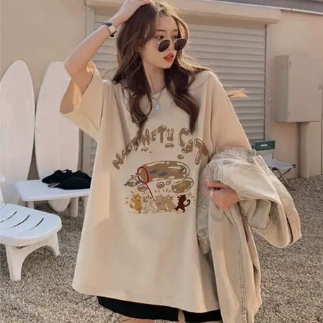 美式复古独特猫咪设计感短袖t恤女夏季港味bf风宽松大码纯棉上衣商品大图