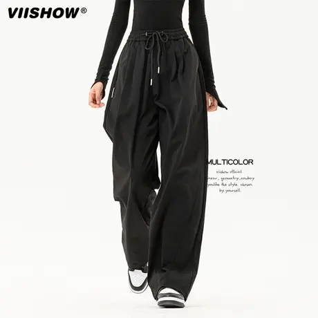 VIISHOW美式街头纯色直筒休闲裤男复古高街宽松垂感抽绳运动长裤商品大图