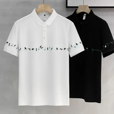 男士polo衫短袖2023新款潮流花卉刺绣高级感男装t恤有领上衣潮牌商品大图