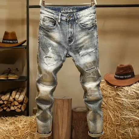 刮烂贴布牛仔裤男复古修身弹力小脚裤潮牌街头痞帅怀旧厚款长裤子商品大图