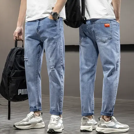 九分破洞牛仔裤男士直筒宽松夏季薄款广州新塘镇休闲男裤子春秋款商品大图