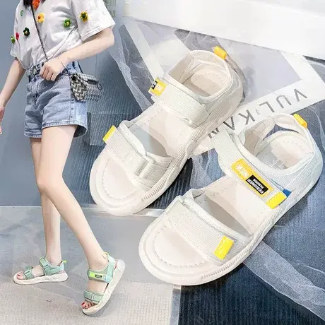 韩版厚底运动凉鞋女2023夏季新款魔术贴超火松糕增高老爹沙滩鞋子商品大图