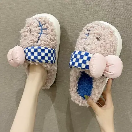 可爱厚底棉拖鞋女冬季少女心室内防滑居家用保暖月子毛绒包头拖鞋商品大图