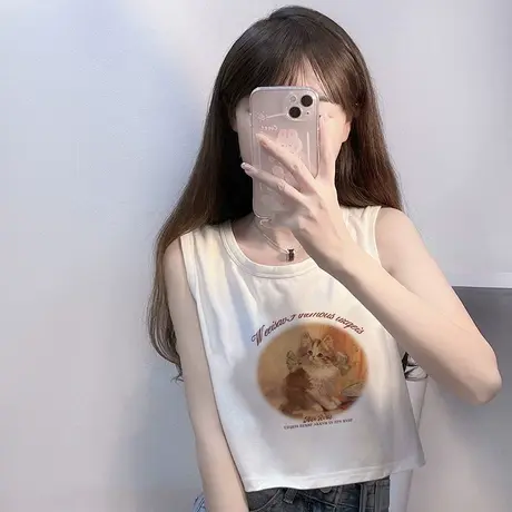 纯棉吊带背心内搭无袖t恤女夏季设计感小众外穿宽松短款辣妹上衣商品大图