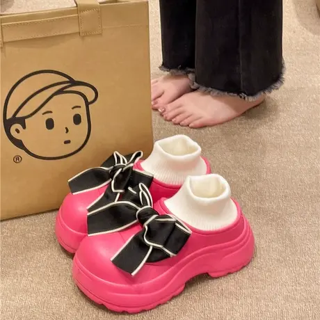 厚底增高棉拖鞋女冬季可外穿防水防滑保暖加绒时尚蝴蝶结包跟棉鞋商品大图
