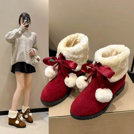 中筒雪地靴女款加绒加厚保暖棉鞋女鞋子冬季毛毛球红色短靴棉靴子图片