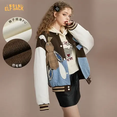 妖精的口袋牛仔拼接棒球服棉服2022秋冬季新款小个子短款棉衣外套图片