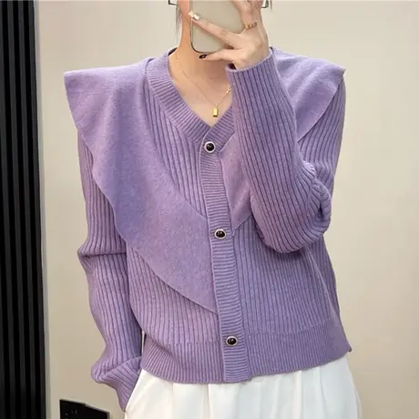 纯色荷叶边V领不规则设计感针织开衫上衣外套女秋冬新款外穿毛衣图片