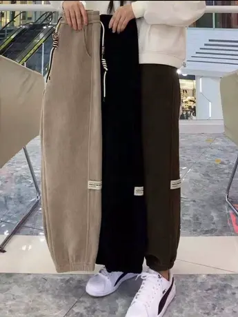 2023秋冬新款雪尼尔坑条束脚卫裤女松紧腰宽松加绒加厚百搭休闲裤商品大图