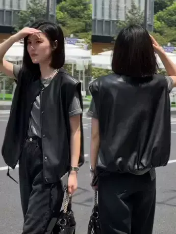 欧州站皮马甲女短款2023秋装新款时尚PU皮坎肩无袖背心马圆领外套商品大图