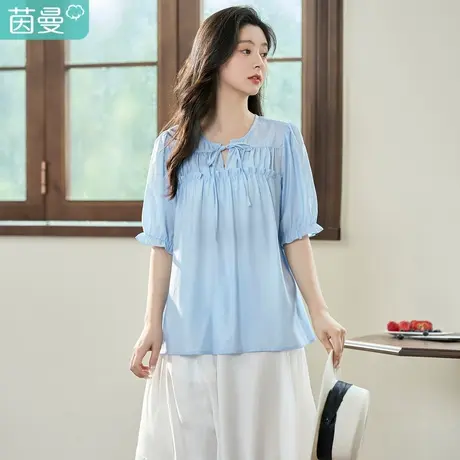 茵曼系带小V领减龄娃娃衫2023夏女装新款木耳边点缀宽松短袖衬衣商品大图
