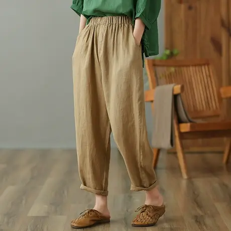 dza 高腰显瘦亚麻休闲裤女2023夏九分直筒裤宽松棉麻哈伦裤萝卜裤图片