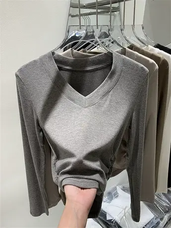 欧货早秋纯色2023年新款韩国东大门褶皱长袖V领气质简约百搭T桖女商品大图