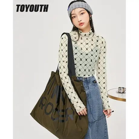 TOYOUTH初语新款T恤女秋季数码印花网纱波浪堆堆领内搭长袖商品大图