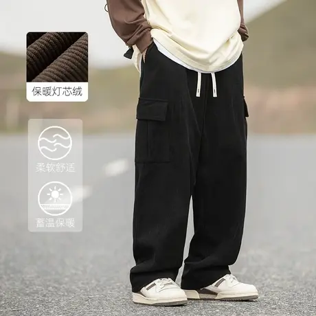 男士黑色灯芯绒裤子男韩版潮流百搭秋季直筒休闲裤2023新款工装裤商品大图