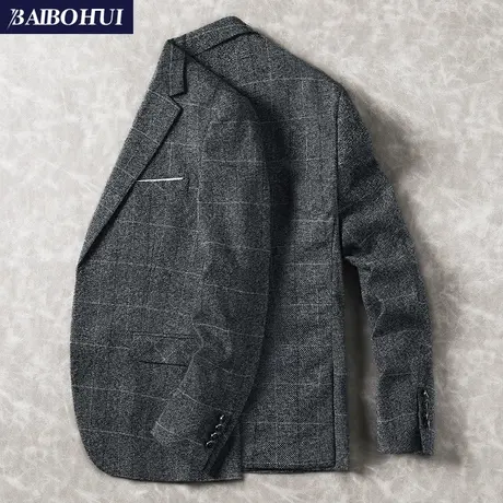 休闲西装男士上衣春季新款韩版修身青年单件灰色格子小西服外套男商品大图