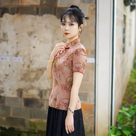 筠雅夏季新款新中式国风上衣民国复古唐装显瘦减龄女装短袖25J221商品大图