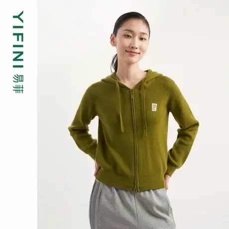 [专柜同款]Yifini/易菲连帽宽松短款通勤百搭针织开衫毛织外套女商品大图