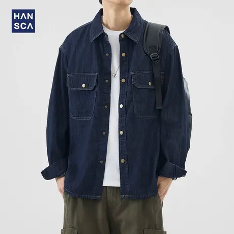 hansca复古明线原色牛仔衬衫男2025年春季新款宽松痞帅衬衣外套男图片