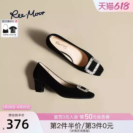 REEMOOR睿慕2025年新款法式粗跟单鞋女浅口黑色通勤气质时尚舒适商品大图