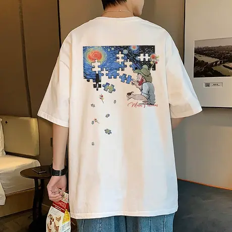 美式印花短袖t恤男夏季新款设计感情侣半袖潮牌ins纯棉圆领五分袖商品大图