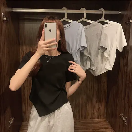 设计感小众不规则短袖T恤女夏季ins潮辣妹短款高腰修身正肩上衣服商品大图