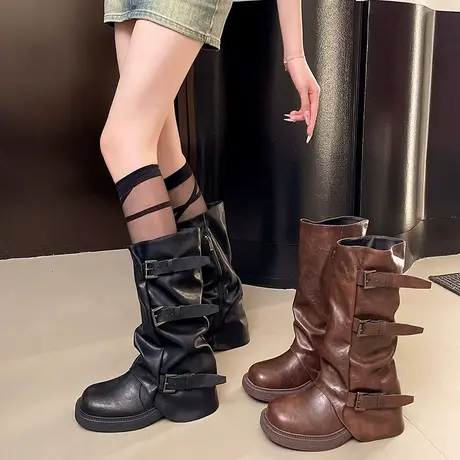 褶皱百搭裤管靴女2025年秋季新款爆款时尚气质长靴显瘦高级感靴子商品大图