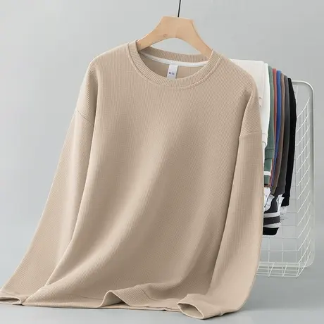 男士卫衣华夫格春秋款圆领长袖t恤套头无帽上衣加绒加厚潮流百搭商品大图