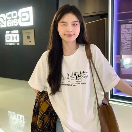 短袖t恤女夏2025新款纯棉半袖白色小众不撞款超好看独特漂亮上衣商品大图
