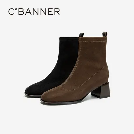 千百度粗跟弹力靴女2025冬季新款美拉德瘦瘦靴休闲韩系洋气短靴子商品大图