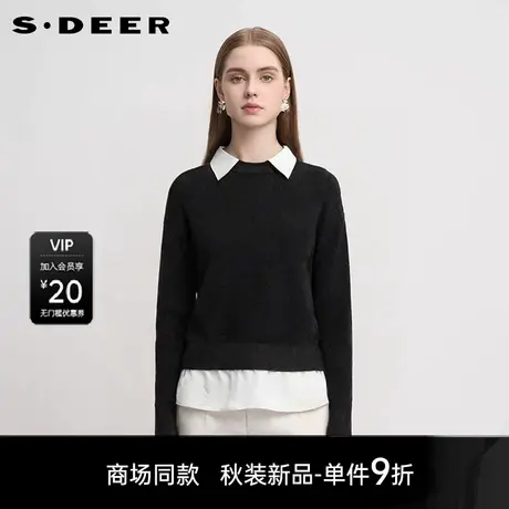 【商场同款】sdeer圣迪奥女学院风翻领撞色拼接针织衫S25383506图片
