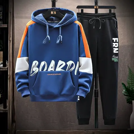 青少年秋冬季连帽加绒加厚卫衣中大童帅气男孩初高中学生运动套装商品大图