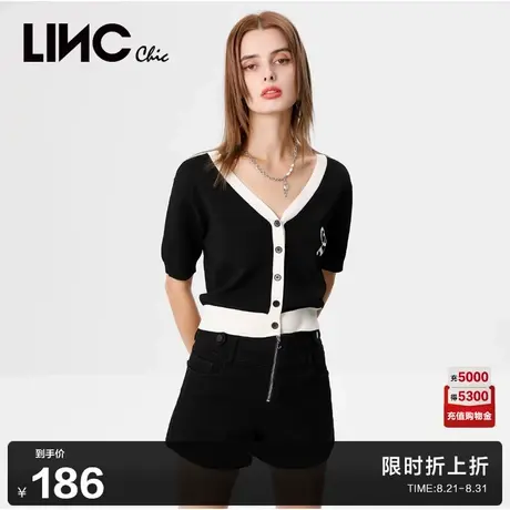 LINCCHIC金羽杰短袖针织衫复古学院风V领针织开衫上衣女夏款SW583商品大图