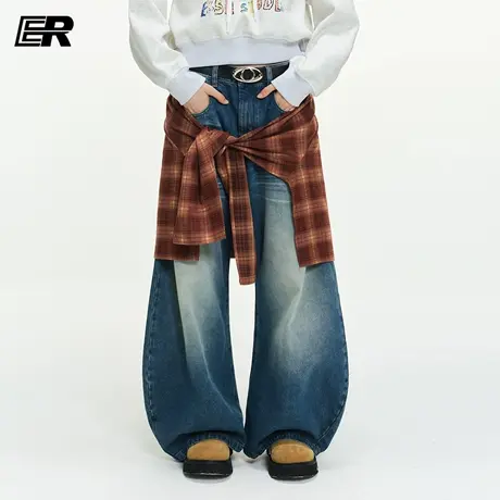 ER重工水洗做旧弯刀牛仔裤男女秋季美式复古高街hiphop痞帅裤子潮商品大图