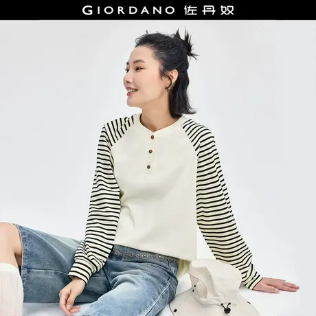 佐丹奴T恤女装拼接条纹插肩亨利领针织长袖T恤 18324631图片