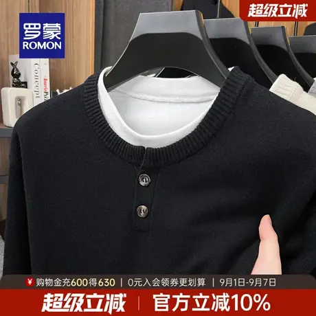 罗蒙男士日常休闲长袖假两件针织衫2025秋季新款时尚百搭圆领毛衣商品大图