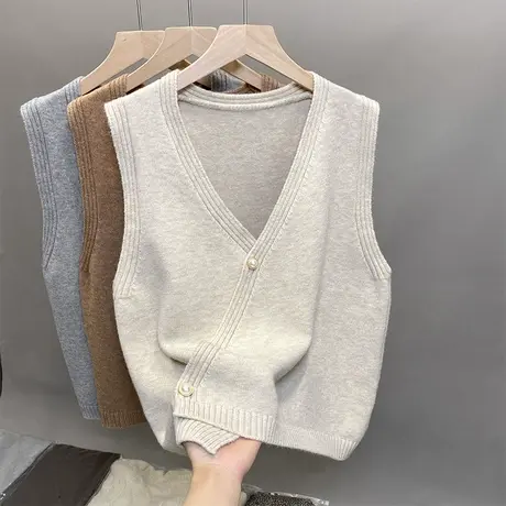 2023韩版时尚设计款针织马甲女百搭无袖毛衣坎肩宽松减龄背心马夹商品大图