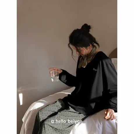 贝妍莫代尔棉睡衣女款春秋季圆领长袖黑色家居服慵懒休闲大码套装商品大图