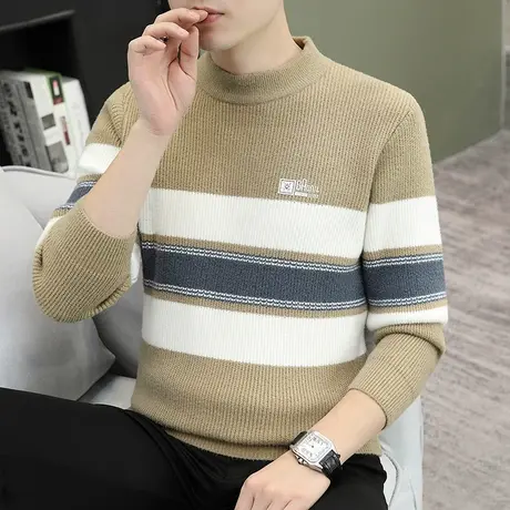 条纹青少年学生拼接撞色男士毛衣韩版潮流长袖针织衫印花毛线衣服商品大图