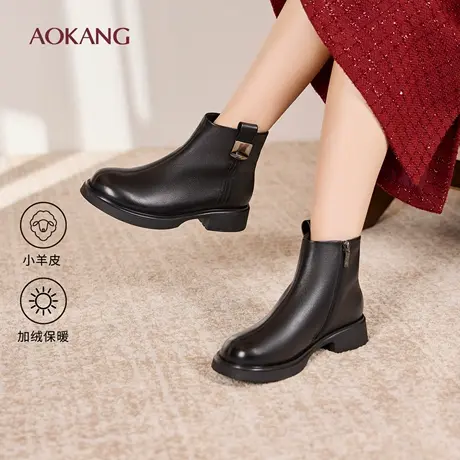 奥康 女鞋2025冬季新款加绒加厚时装靴粗跟瘦瘦靴保暖休闲靴短靴商品大图