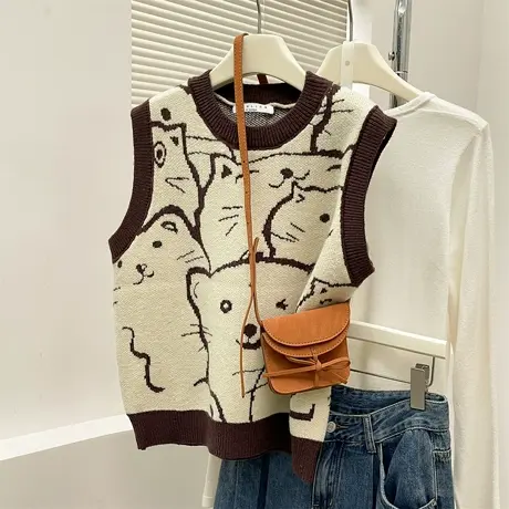 唐狮秋冬季毛衣女圆领套头马甲可爱风设计感外穿高级感百搭潮TM图片