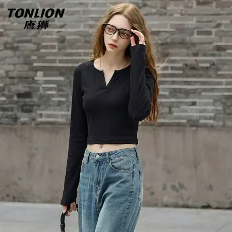 唐狮官方v领长袖t恤女2026新款春秋款女士修身显瘦内搭打底衫女VB图片