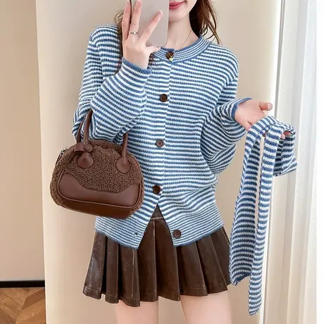 唐狮秋冬毛衣外套女简约条纹圆领针织开衫春秋高级感时尚潮流tu图片