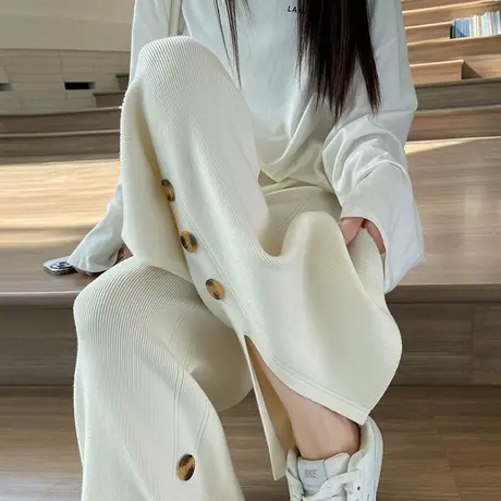 高腰开叉针织阔腿裤女秋冬新款垂感显瘦直筒裤宽松白色拖地休闲裤商品大图